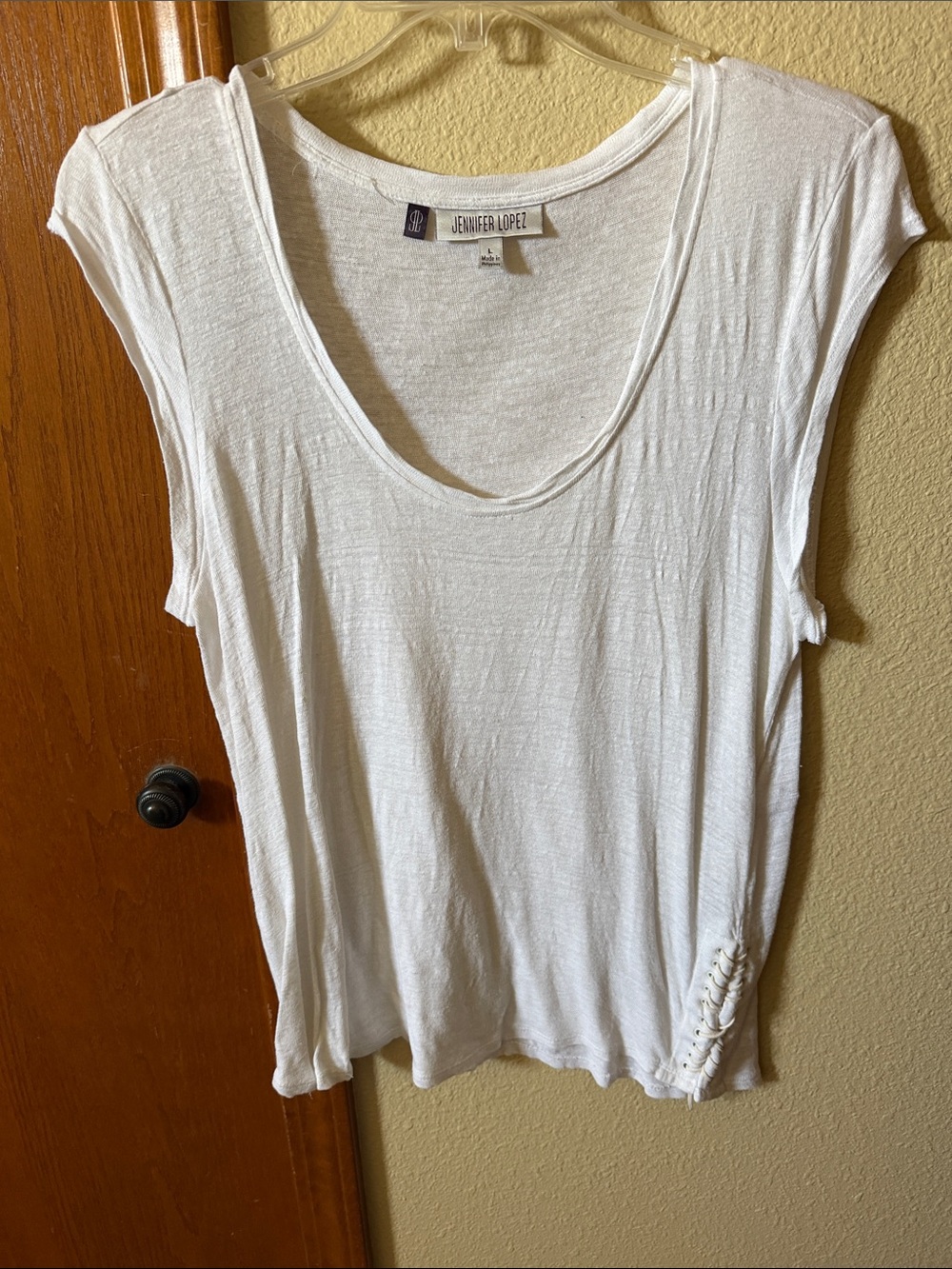 Jennifer Lopez White Scoop Neck Tank with Side Lace-Up